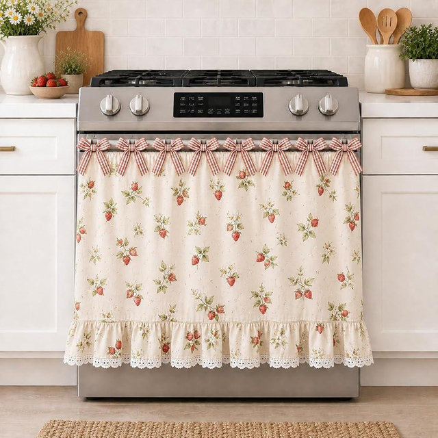 Farmhouse Stove Skirt Oven Curtain for Kitchen Decor, Cotton Blend Stove Curtain with Lace Ruffle Trim & 9 Ribbon Ties, Oven Curtain Cover & Oven Skirt Curtain for Cottage Kitchen (Strawberry Gingham)