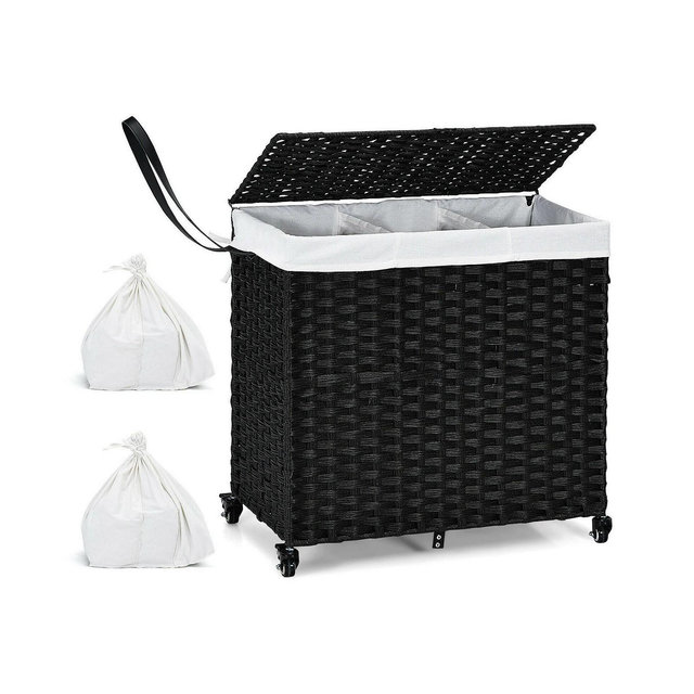 Laundry Hamper w/Wheels & Lid, 125L 3-Section Clothes Hamper w/2 Liner Bags