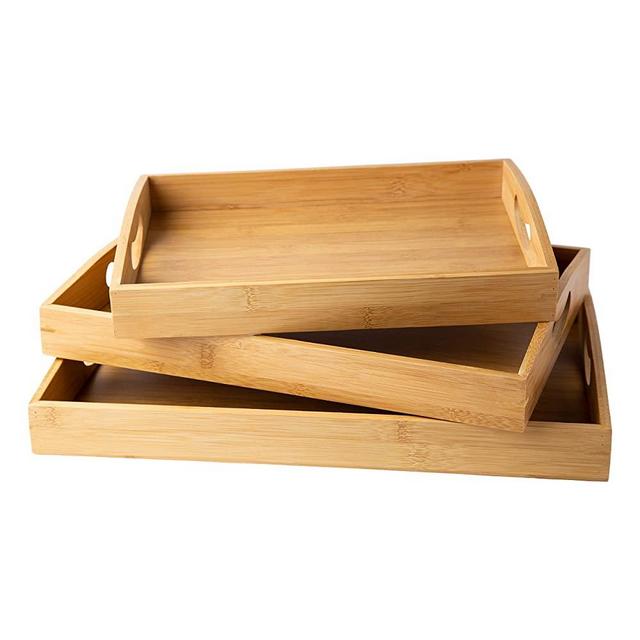 Bamboo Serving Trays with Handle – Set of 3 Wooden Trays That Nest – Large, Medium and Small Tray for Food, Ottoman Décor & More – 100% Eco-Friendly Bamboo Trays for Breakfast in Bed - Natural Color