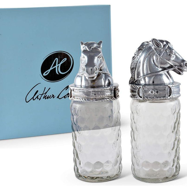 Arthur Court Horse Pattern S/P with Aluminum with Artisan Quality Hand Polished Equestrian Lid for Large Glass Salt and Pepper 6 inch Tall