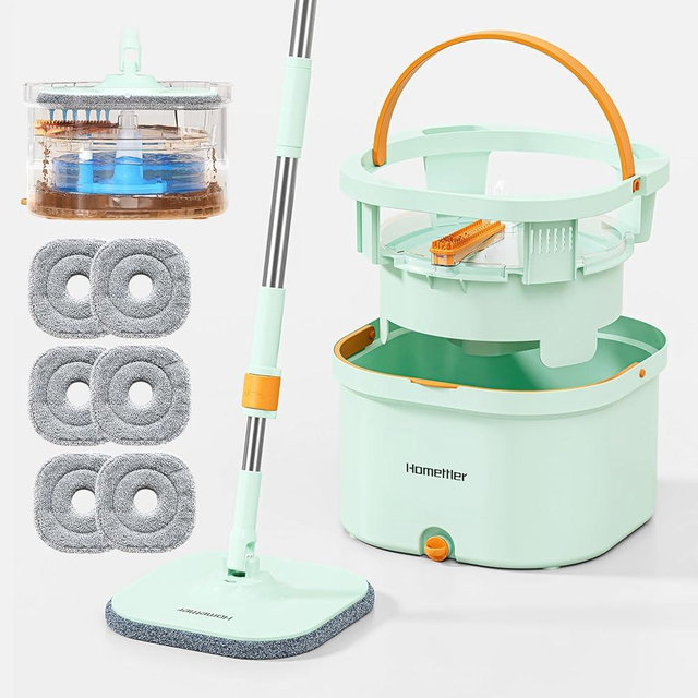 HoMettler Spin Mop and Bucket Set with Detachable Inner Mop Bucket, Mops and Buckets for Floor Cleaning Includes 6 Replaceable Thick Microfiber Mop Pads