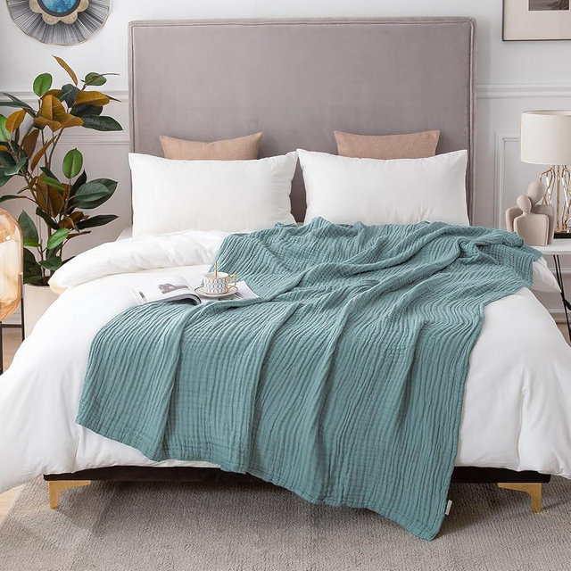 EMME Cotton Blanket King Size for Bed Soft Muslin Blankets 108"x90" Lightweight Breathable Layering Blanket Bedspread Coverlet All Season Gauze Blanket, Teal