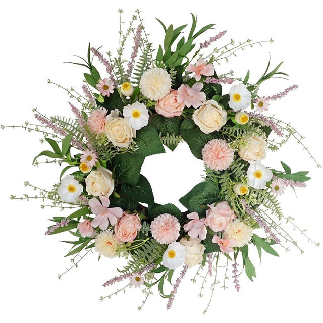 Mistilia Pink Spring Summer Wreaths for Front Door, 20 Inch Artificial Floral Wreath with Rose Ball-Chrysanthemum, Flower Wreath for Porch Wall Window Decor, Handmade Wreaths for Wedding Decoration