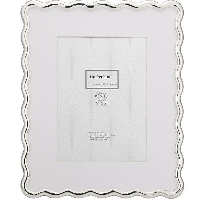 GorYeeFine Silver 8x10'' Heavy-Duty Zinc Alloy Photo Frames with Acid Free Mat for 5x7'',Wave Design Silver Picture Frame 8x10'' with Black Velvet Backing,for Desktop and Wall Hanging