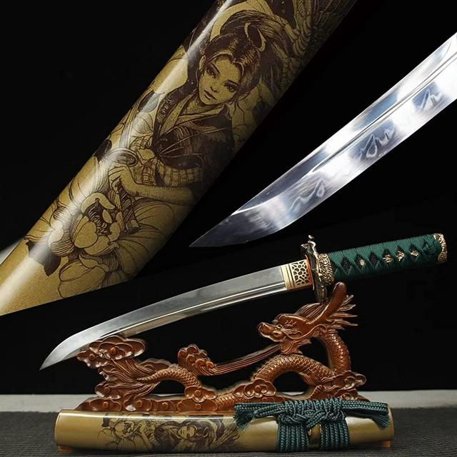 HERO SWORD 2023 New Handmade Tanto Sword Clay Tempered T10 Steel Real Hamon Razor Sharp Samurai Sword Short Japanese Knives Battle Ready Green