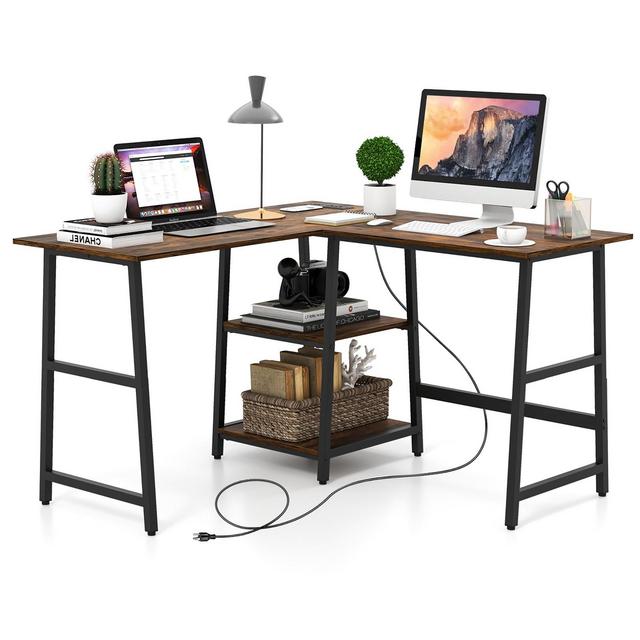 Costway L Shaped Corner Computer Desk Study Workstation Power Outlet Storage Shelf