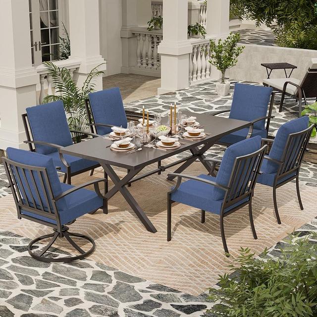 ASJMR 7 Piece Outdoor Dining Table and Chairs for 6, Rectangular Patio Dining Table with Umbrella Hole with 2 Swivel Rocking Dining Chairs with Cushions, Lawn Garden Outdoor Table and Chairs