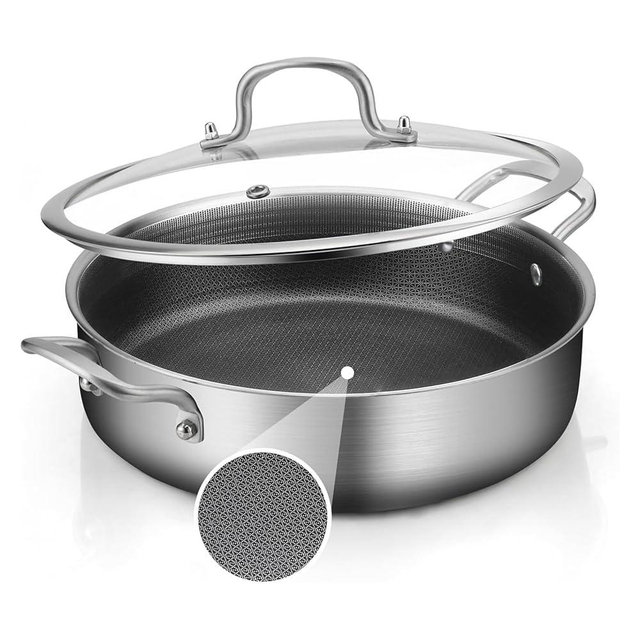 YEKSUM Tri-Ply Stainless Steel 6 Quarts Saute Pan, 12 Inch Nonstick Skillet with lids, Hybird Large Frying Pan,18/10 Chef's Cooking Pan, Induction Pan 12"", Dishwasher and Oven Safe, Silver