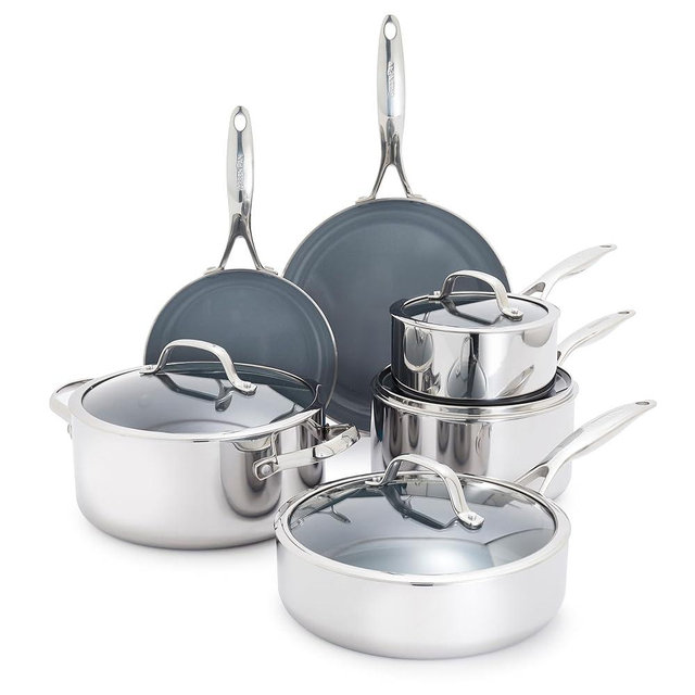 GreenPan Valencia Pro Stainless Steel 10 Piece Cookware Pots and Pans Set, Induction Suitable Mirrored Tri-Ply, Ceramic Nonstick PFAS-Free PFOA-Free Coating, Multi Clad, Dishwasher Oven & Broiler Safe