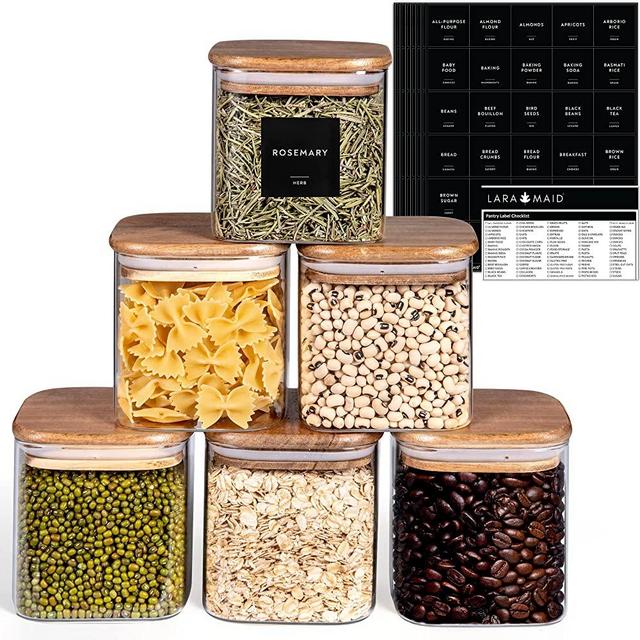 Laramaid 27oz 6Packs Square Glass Jars Set with 166 Minimalist Pantry Labels, Square Pantry Jars with Natural Acacia Lids and Matte Black Vinyl Customized Sticker Labels, Food Storage Containers for Home, Kitchen and Pantry