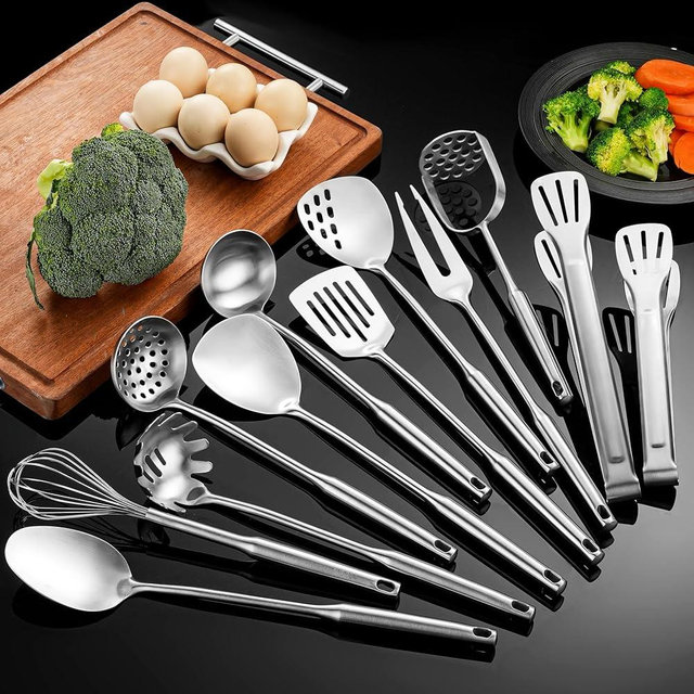NIITAWH Stainless Steel Kitchen Utensils 12 Pcs, Small Cooking Utensils Set,Spatulas,Ladle,Skimmer,Tunners,Serving Spoon,Spaghetti Spoon,Fork,Potato Masher,Egg Whisk,Tongs,Dishwasher Safe