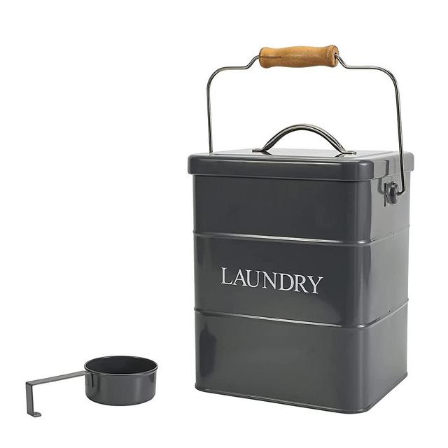 Metal Laundry Powder Tin,gray Laundry Powder Storage tin, Laundry Powder Detergent Storage Box with Scoop and Peg Storage Bucket