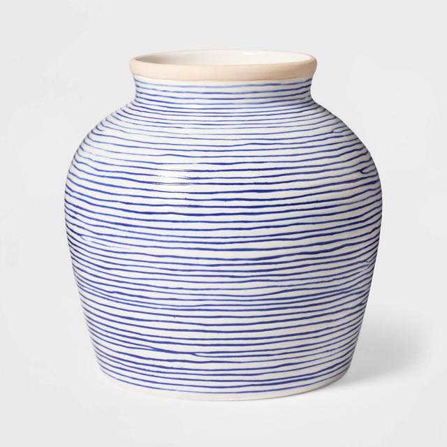 7.1" x 7" Stoneware Striped Vase Blue/White - Threshold™