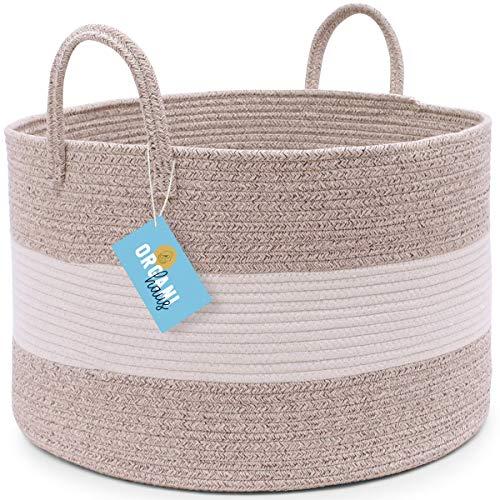 OrganiHaus XXL Extra Large Cotton Rope Basket | 20"x13.5" Blanket Storage Basket with Long Handles | Decorative Clothes Hamper Basket | Baby and Kids Room Toy Bin | Brown Wicker Blanket Basket