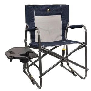 GCI OUTDOOR Freestyle Rocker with Side Table Camping Chair | Portable Folding Rocking Chair with Solid, Durable Armrests, Drink Holder & Comfortable Backrest — Heathered Indigo