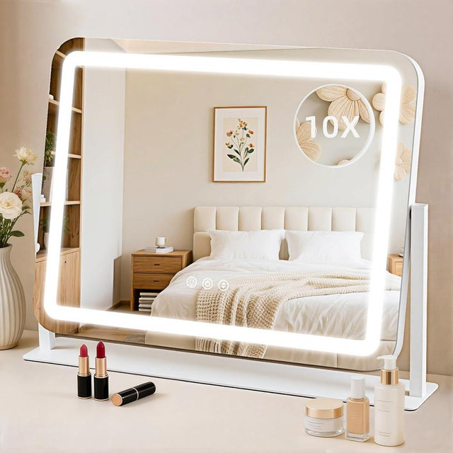 GioeDa Vanity Mirror with Lights, Lighted Makeup Mirror with 10X Magnification, 3 Color Dimmble Lights, Touch Control, 360° Rotation, Metal Frame, Women's Gift, for Bedroom/Dressing Room, White