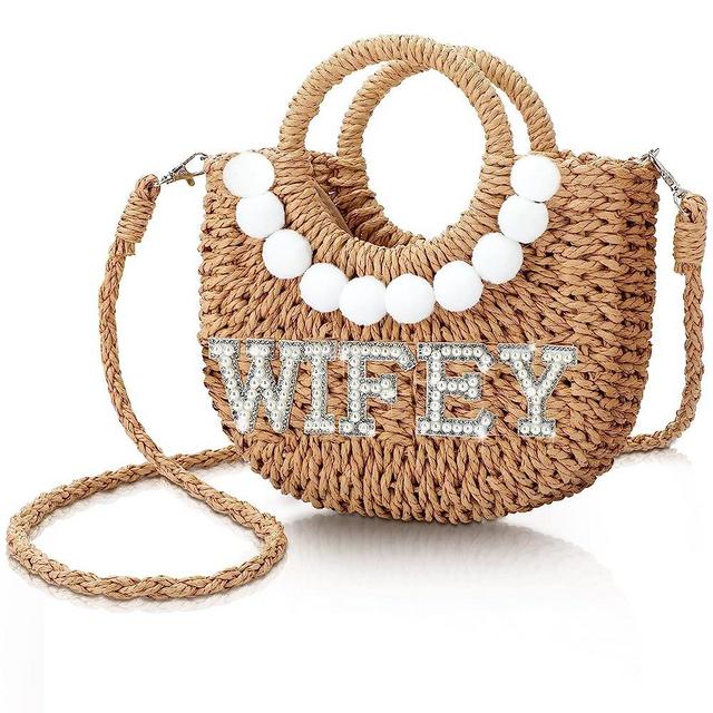 Bride Straw Purse Handwoven Bag Rhinestone Letter Patches Bag Bachelorette Party Honeymoon Wedding Bridal Shower Gift