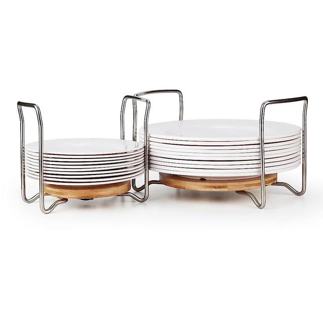 E-ROOM TREND Dish Holder SS304 Small&Large Round Total 2 Pack for 6" to 13" Plates Organizer Upgrade Thicken Bamboo Adjustable Size Easy Carried Handles Storage Rack for RV Cabinets Shelf (PH302R)