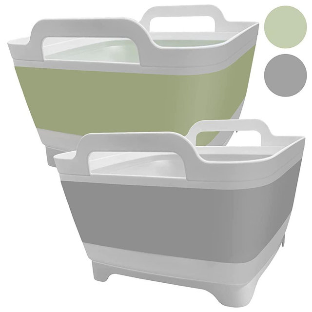 Ikaufen 2PCS Dishpan for Washing Dishes, 9L (2.4Gallon) Collapsible Wash Basin with Drain Plug Carry Handles, Collapsible Bucket for Cleaning, Vegetable Washing, RV(Green + Grey)