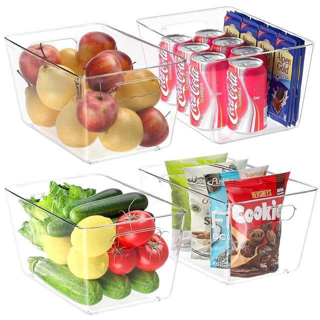 BALEINE Clear Plastic Storage Bins, Pantry Organization, BPA Free Stackable Refrigerator Organizers and Storage with Handles for Kitchen Fridge Cabinet Bathroom (4PK, 11x7.5x6)