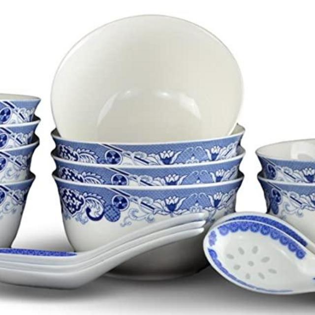 10 Pcs Fine Bone China Blue and White Chinese Soup Bowls Ceramic Porcelain Bowl, with Free 10 Porcelain Spoons Rice Bowl