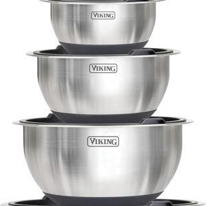 Viking Mixing Bowls Set, 10 Piece Stainless Steel Kitchen Cookware, Non-Slip Silicone Base, Includes Tight Fit Lids, Dishwasher Safe, Black