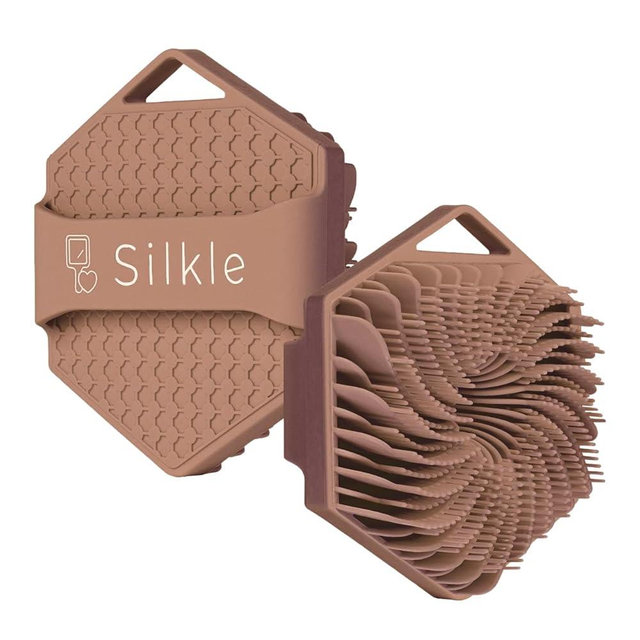 SILKLE Silicone Body Scrubber - Exfoliating Bath Brush and Skin Cleanser - Shower Sponge for Gentle Body Scrub and Wash - Silicone Scrubbing Care Tool for a Refreshed and Renewed You - Brown