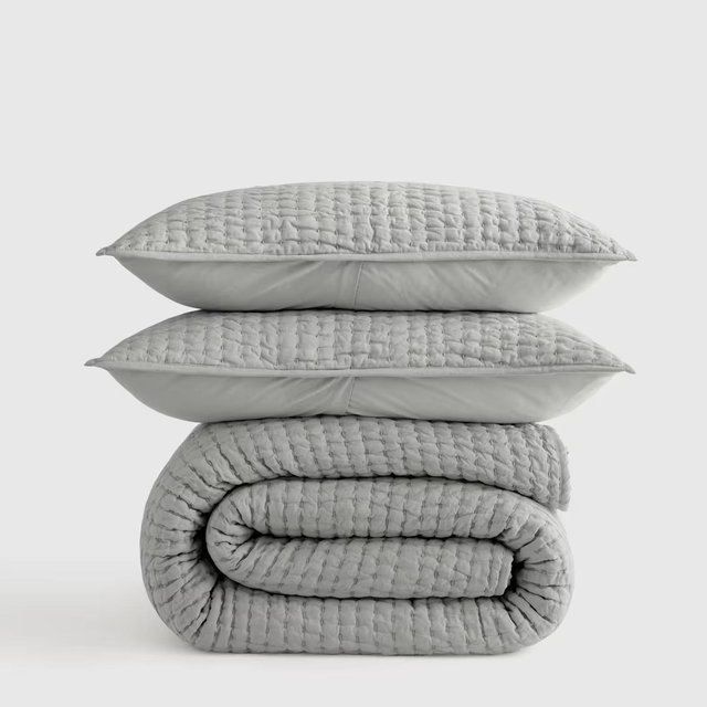 European Linen Cotton Stitch Quilt Set - Mist, Full/Queen, With Sham Set