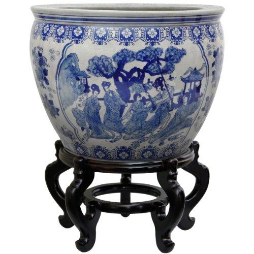 Oriental Furniture 12" Ladies Blue & White Porcelain Fishbowl