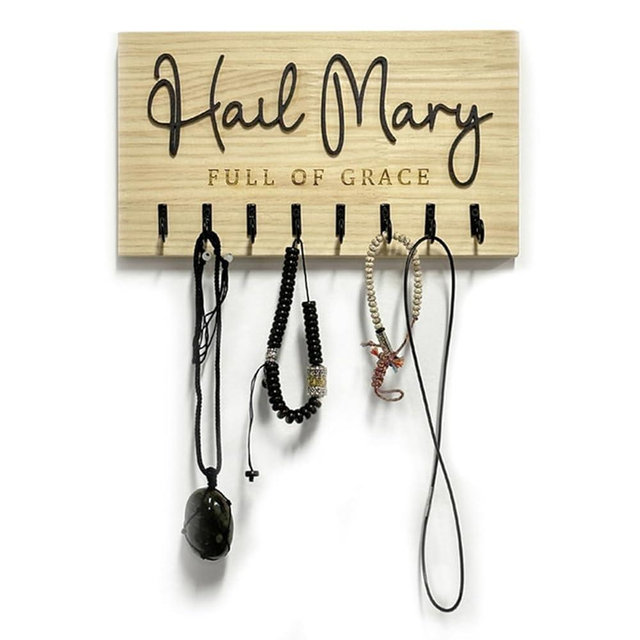 DAUCHVNY Hail Mary Family Rosary Hanger Wall, Wooden Rosary Holder Wall Mount, Catholic Home Decor, Religious Engagement or Wedding Gift, Godparent Gift, Religious Gifts for Her