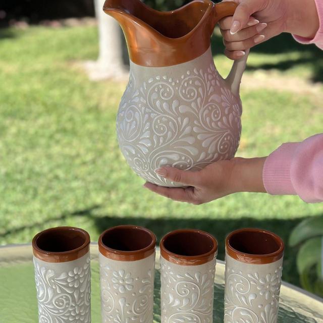Talavera Pitcher Set, Mexican Drinkware, Lead Free, 5 Piece