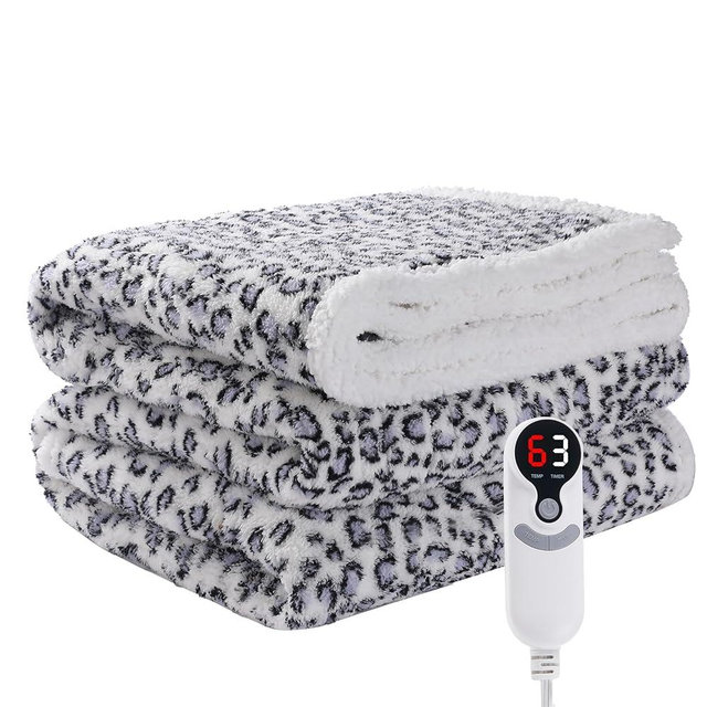 Eydna Electric Heated Blanket Throw Size 50"×60" with 9 Heating Levels & 1-10 Hs auto Off, Heating Throw Double Sided Sherpa, Energy Efficient, Machine Washable, Leopard Print Blue & White