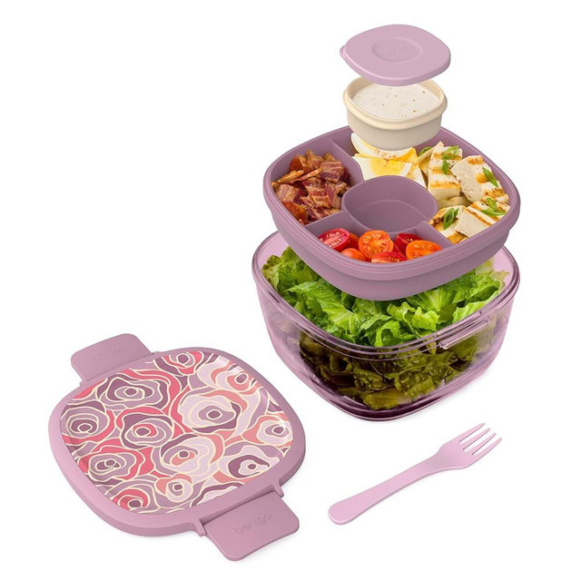 Bentgo Glass Prints All-in-One Salad Container - 61oz Tinted Glass Salad Bowl with Lid, Bento-Style Tray, Sauce Container, & Reusable Fork - Dishwasher & Microwave Safe (Floral Maximalist - Bouquet)