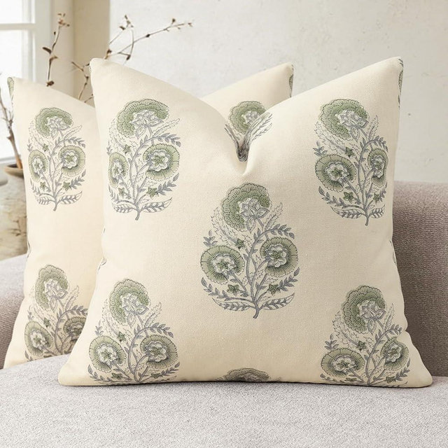 YCOLL Vintage Floral Print Pillow Covers 18x18 Set of 2 Patterned Accent Decorative Cushion Covers Modern Farmhouse Throw Pillow Covers for Sofa Couch Chair Bed Living Room Home Decor, Sage Green