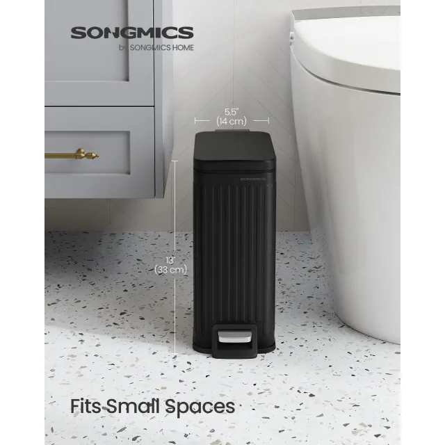 1.6-Gallon Bathroom Trash Can - Slim Stainless Steel Bin with Soft-Close Lid & Foot Pedal, Space-Saving Design, Ink Black