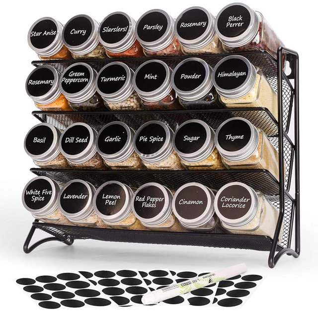 DIDITIME Spice Rack Organizer with 24 Glass Jars and 60 Spice Labels, Seasoning Organizer for Kitchen, Countertop, Cabinet, Pantry, Cupboard，Spice Organization for Cabinet， Space-Saving & Tidy