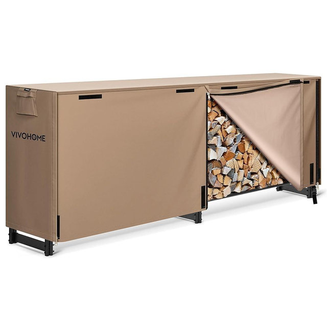 VIVOHOME 8 ft Heavy Duty Firewood Rack Outdoor with Cover, Fire Wood Storage Rack, Log Holder and Cover Combo Set with Zipper, Brown