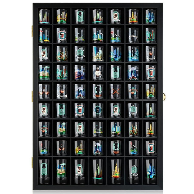 TJ.MOREE Shot Glass Display Case 63 Slots Glass Display Holder Wall Mounted with Lockable Door, Black