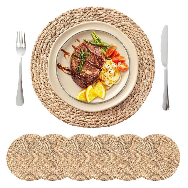 Round Woven Placemats Set of 6, 13.5'' Boho Rattan Chargers for Dinner Plates, Rustic Wicker Place Mats, Straw Braided Table Placemats, for Dining Table, Wedding, Farmhouse, Outdoor and Christmas