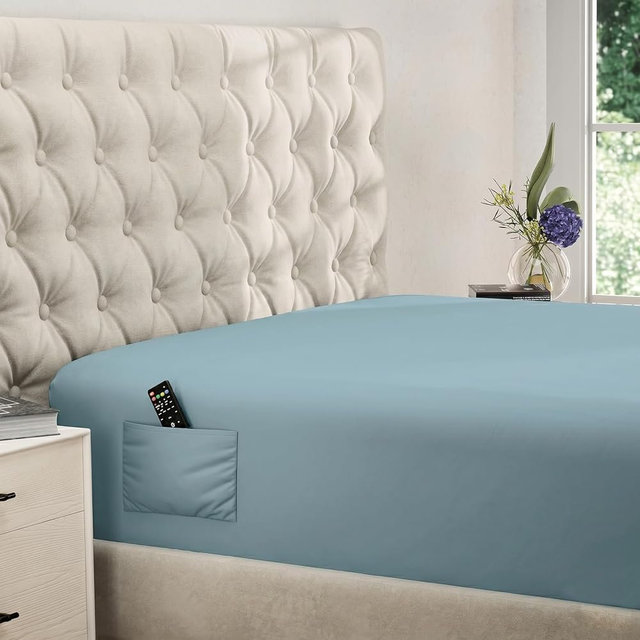 DREAMCARE King Fitted Sheet Only - Extra Deep Pocket Fitted Sheet - Fits up to 21 inch Mattress - Deep Pocket King Sheets - Hotel Luxury - Oeko-Tex Certified Sheets - Mineral Blue
