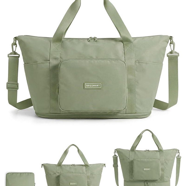 BAGSMART Foldable Travel Bag, 37L Duffle Bag for Travel, Expendable Carry on Weekender Duffel, Lightweight Personal Item Bag, Grayish Green