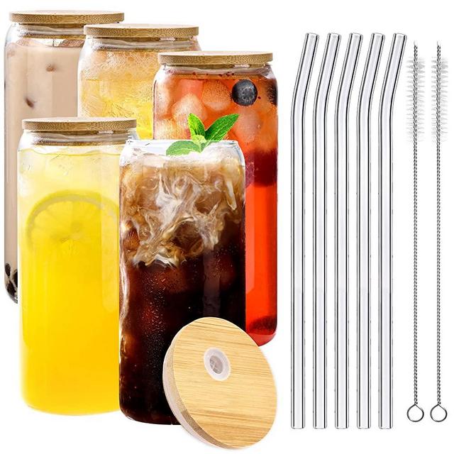 Moretoes 5 Pack 20oz Beer Can Glass with Bamboo Lids and Glass Straw, Reusable Drinking Glasses Cups for Home Travel Office Coffee Tea Boba Juice Ice-cream