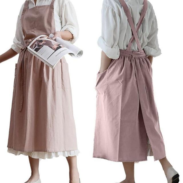losofar Cotton Pleated Apron Retro Waterdrop Proof Garden Cleaning Pinafore Dress