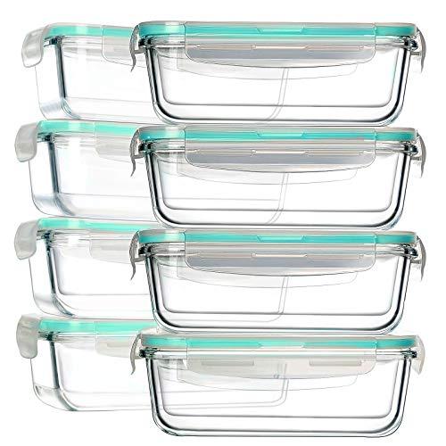 8 Pack 30oz Glass Food Storage Containers, Bayco Glass Meal Prep Containers, Airtight Glass Storage Containers with Lids - BPA-Free & FDA Approved & Leak Proof (8 lids & 8 Containers), Blue