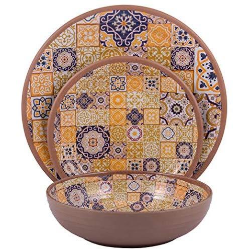 Melange 12-Piece Melamine Dinnerware Set (Moroccan Tiles) | Shatter-Proof and Chip-Resistant Melamine Plates and Bowls | Color: Yellow | Dinner Plate, Salad Plate & Soup Bowl (4 Each)