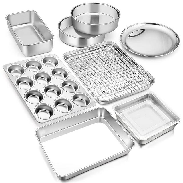 10-Piece Baking Pans set, E-far Stainless Steel Bakeware Set for Oven, Include Cake Pan/Baking Cookie Sheet/Pizza/Muffin/Loaf Pan, Non-Toxic & Heavy Duty, Dishwasher Safe
