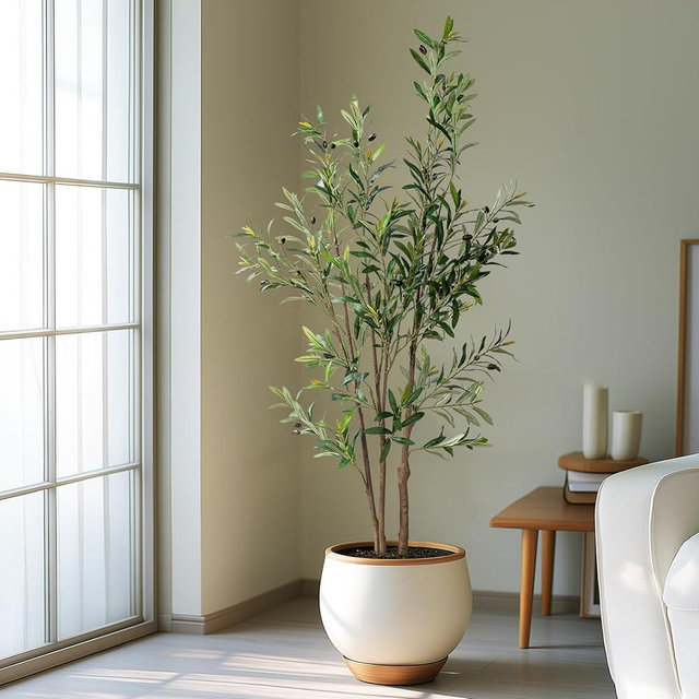 Erimda 5FT Artificial Olive Tree Tall Faux Silk Plant Tall Faux Olive Tree with Natural Wood Trunk & Lifelike Fruits Fake Potted Tree or Home Office Decor