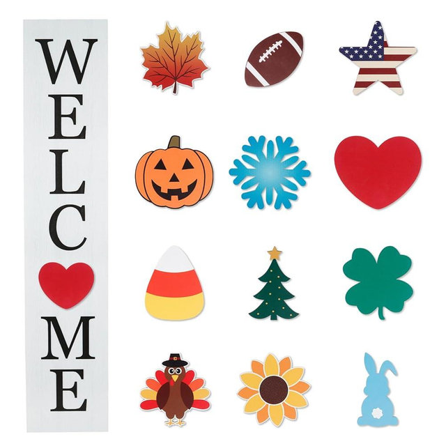Interchangeable Welcome Sign for Front Porch- 45"X9" Large Standing/Hanging Wooden Sign with 12 PCS Replaceable Icons for Spring Valentines Day St.Patrick's Day Easter Porch Wall Yard Decorations (White)