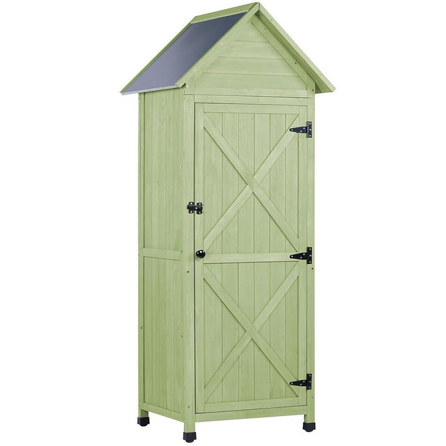 FTCBNet Wooden Outdoor Storage Cabinet,Tall Vertical Garden Tool Shed with Waterproof Metal Roof & Adjustable Feet – Perfect for Yard, Patio, Lawn & Deck (Green, 22" x 26" x 67")