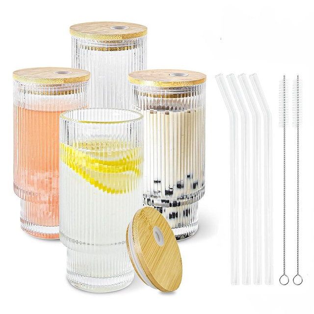 Icesip 4 Pcs 12 oz Drinking Glasses Cups Set with Bamboo Lids Straws Brush Ribbed Vintage Pattern Glassware Set for Tea Iced Coffee Beer and Cocktail Whiskey